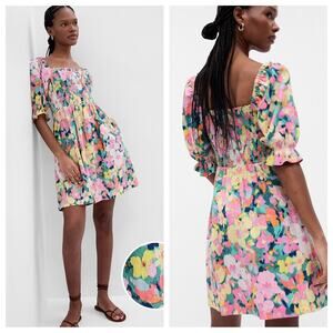 GAP Puff Sleeve Linen-Blend Floral Mini Dress in Spring Easter Floral - Size M